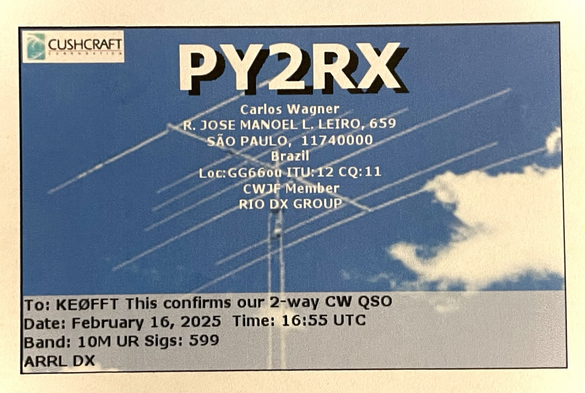 QSL card from PY2RX in São Paulo, Brazil.