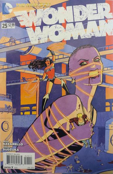 Wonder Woman has a giant woman bound with the lasso of truth.