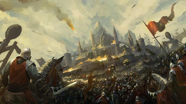 A painting of a castle siege, by Max Prodanov. Lots of knights, fodder and missiles fired at a fantasy fortress' walls.
