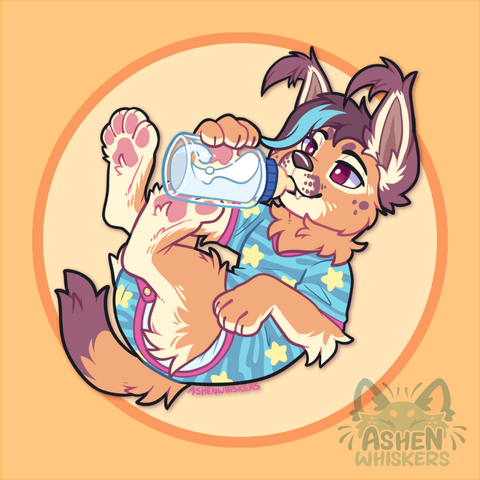 Art of a caracal child in a blue onesie with yellow stars and pink trim. They're on their back, looking content and drinking milk from a bottle they're holding with one front and one back paw.