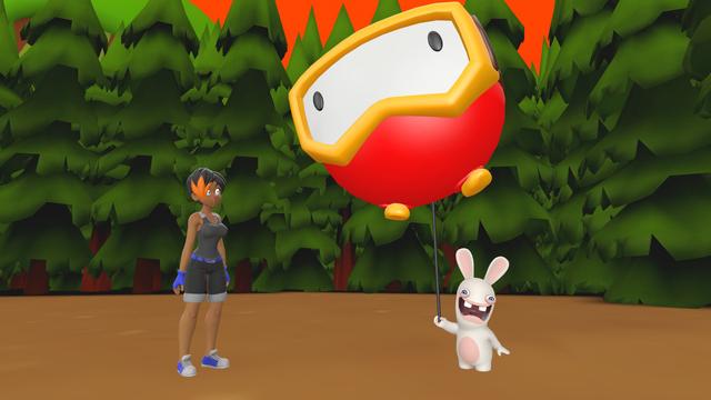 Mona is looking at an inflated Pooka carried by a Rabbid like it is some sort of balloon.
