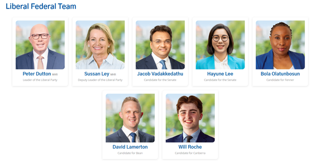 headshots of the 'Liberal Federal Team' including Peter Dutton, Susssssan Ley, ACT Senate candidates Jacob Vadakkedathu and Hayune Lee, candidate for Fenner Bola Olatunbosun, candidate for Bean David Lamerton and candidate for Canberra Will Roche. The photos all have identical backgrounds and seem to have been touched-up with AI