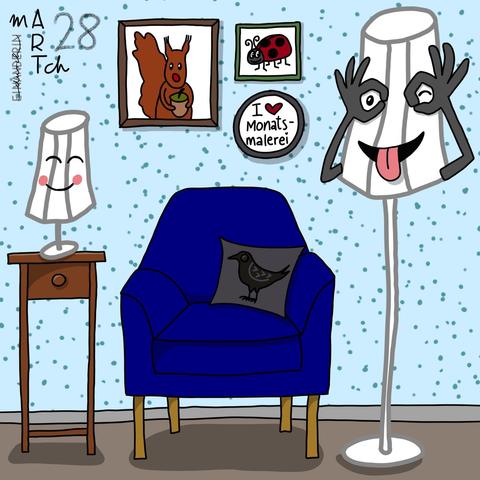 Digitale Zeichnung: ein Innenraum mit einem blauen Sessel (mit grauem Kissen mit Krähen-Druck), ein Beistelltisch (darauf eine Lampe mit Gesicht, sie kuckt so: 😊), eine Stehlampe (mit Händen und Gesicht; sie hält ihre Hände wie eine Brille vor die Augen; mit einem Auge zwinkernd streckt sie die Zunge heraus), an der hellblauen Wand mit Tupfenmuster hängen drei Bilder: ein Eichhörnchen, ein Marienkäfer und ein Spruch "I ❤️ Monatsmalerei".

Digital drawing: an interior with a blue armchair (with a gray crow-print cushion), a side table (with a lamp with a face on it, looking like this: 😊), a floor lamp (with hands and a face; it holds its hands in front of its eyes like glasses; it winks with one eye and sticks out its tongue), on the light blue polka-dotted wall hang three pictures: a squirrel, a ladybug, and the saying "I ❤️ Monthly Painting."