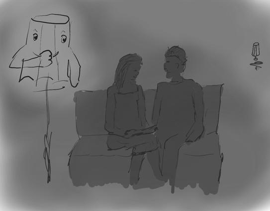 Zeichnung, digital: Alles als Schattenriss. Eine Frau und ein Mann auf einem Sofa, die gemeinsam etwas anschauen. Links daneben eine Stehlampe. Die statt Lampenschirm den Lampenghost hat, der mit der Hand vorm Mund kichert.