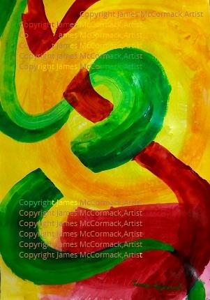 G.
Green Ribbon Abstract. 
A green ribbonlike form curves and winds its way through red, yellow, orange.
