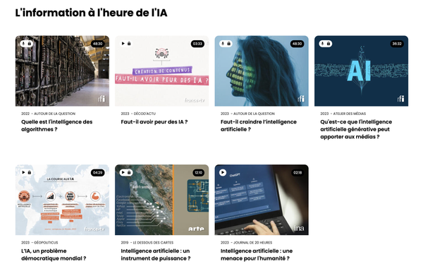 Capture d’écran des vidéos disponibles dans la section « L’information à l’heure de l’IA ».