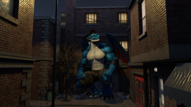 A shirtless two-and-a-half-story-tall blue anthro dragon crouches in the lamplight of an alley-ish city street at night.