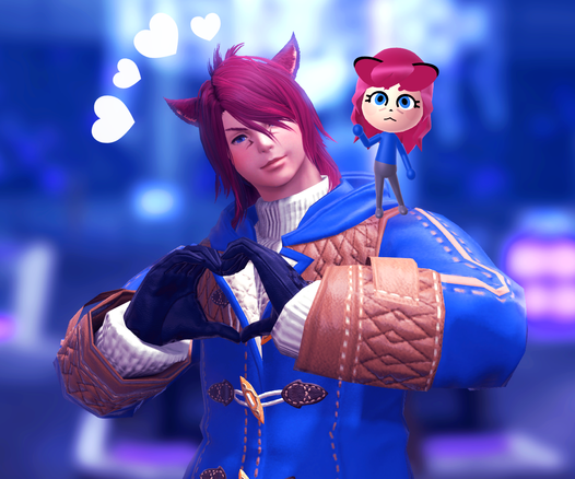 my wol alcides posing for the camera making hearts with his hands and his tiny ass mii is on his shoulder waving