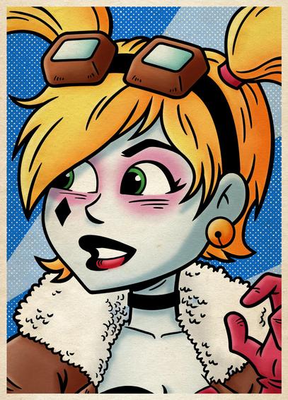 Young woman with blonde haired drawn up into two high ponytails. She is wearing a pair of goggles on her head, a black choker around her neck, red gloves and a leather jacket with a sheepskin collar.

She has a black diamond tattoo on her right cheek, pink eyeshadow around her eyes and is wearing gold earrings.