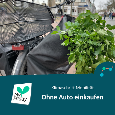 Foto: Fahrrad mit einer Gepäcktasche, aus der ein Bund frische Petersilie herausragt. Text: Klimaschritt Mobilität: Ohne Auto einkaufen. Logo: My Friday