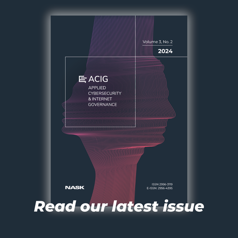 Cover of the ACIG journal, voulme 3, No. 2 of 2024; ISSN 2956-3119, E-ISSN: 2956-4395. The logo of the NASK. The background is dark with a bundle of crimson lines forming an outline of two human faces. Across the bottom edge of the cover runs the line: Read our latest issue.