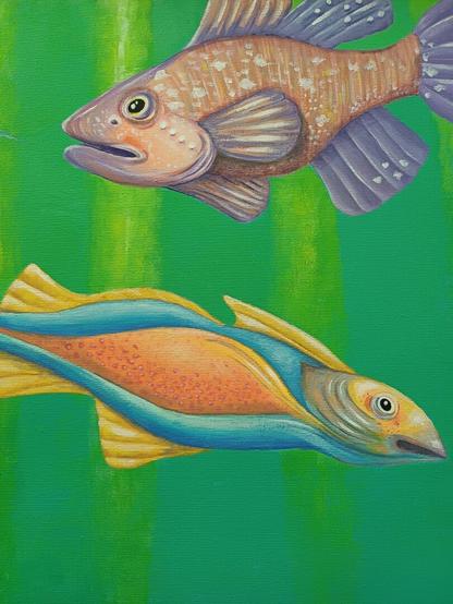 Detail of two very colorful sea fish (the one above is a grouper), under the blue/green water surface. Two rays of sun dive into the abyss.