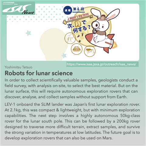 Robots for lunar science by Yoshimitsu Tetsuo. In order to collect scientifically valuable samples, geologists conduct a field survey, with analysis on-site, to select the best material. But on the lunar surface, this will require autonomous exploration rovers that can discover, analyse, and collect samples without support from Earth. LEV-1 onboard the SLIM lander was Japan’s first lunar exploration rover. At 2.1kg, this was compact & lightweight, but with minimum exploration capabilities. The next step involves a highly autonomous 50kg-class rover for the lunar south pole. This can be followed by a 200kg rover designed to traverse more difficult terrain, extract samples, and survive the strong variation in temperatures at low latitudes. The future goal is to develop exploration rovers that can also be used on Mars.