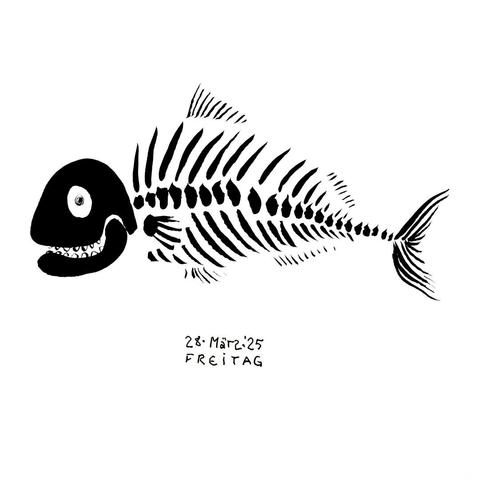 Black silhouette of a smiling fishbone with goggly eyes. (Inkbrush drawing on white paper, no colour)