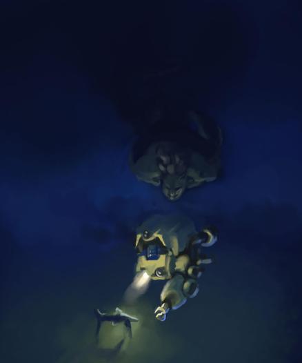 Digital painting of autonomous submersible exploring the ocean depths, oblivious to the merman stalking it