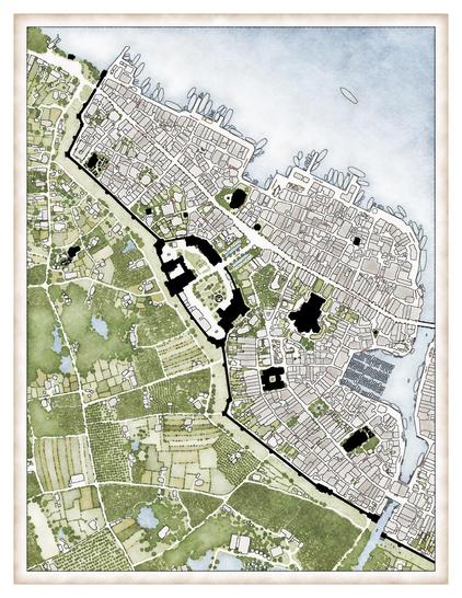 A fantasy map showing about 1/3rd of a modest fantasy city, plus a chunk of the greenery and farms and such outside the walls.