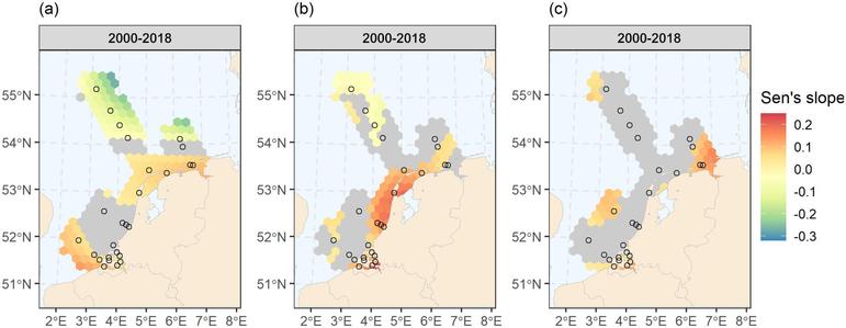 Figure 5 in Brandenburg et al. (2025): "Map showing the significant predicted overall changes in HAB group abundances (cells mL−1) over the period of 2000–2018 in the months where the respective species are most abundant under median growth conditions measured, with April for (a) Phaeocystis globosa and (b) potential ASP toxin producers, and (c) July for potential DSP toxin producers (see Supporting Information Table S1). Gray areas indicate no significant changes, and black circles indicate sampling sites."