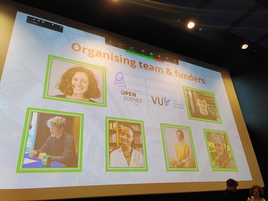 Image of the five organisers of the symposium and logo of the sponsors VU and Open Science NL