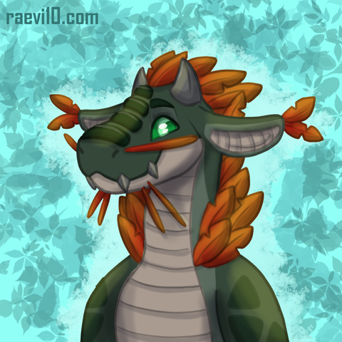a teal background digital piece featuring a green dragon character with tan belly bright green eyes and orange feathers down his back / whiskers on his face