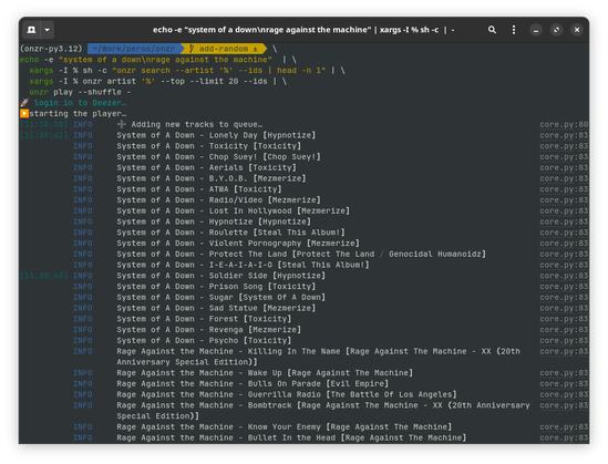 A screenshot of a gnome terminal showing an example usage of the onzr player to create a random playlist from two artists: System Of A Down and Rage Against The machine.