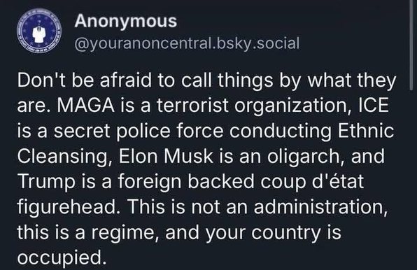 Anonymous - Don't be afraid to call things by what they are. MAGA is a terrorist organization, ICE is a secret police force conducting Ethnic Cleansing, Elon Musk is an oligarch, and Trump is a foreign backed coup d'état figurehead. This is not an administration, this is a regime, and your country is occupied.