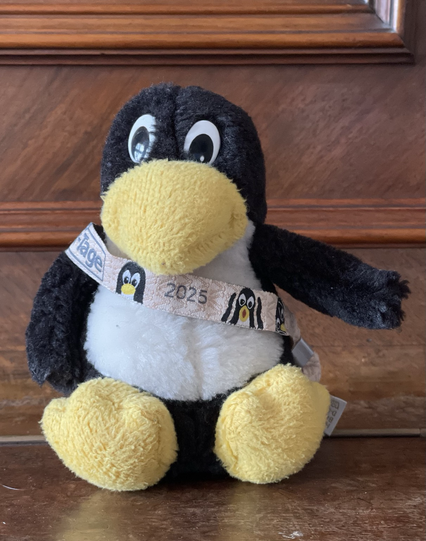 Stofftier-Pinguin Tux sitzt mit Schärpe auf einem Holzuntergrund. Die Schärpe zeigt zweimal Tux sowie die Aufschrift 2025.
