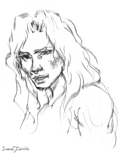 Minimalistic calligraphy sketch of a long haired androgynous man