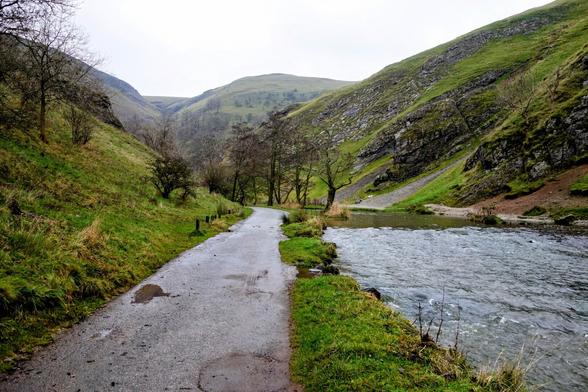 A grey, paved path runs alongside a flowing river in a valley between steep, grassy hills under an overcast sky. The river, likely the River Dove, occupies the right side of the frame, its surface rippling with movement. The path, damp and showing some tyre tracks, curves gently into the distance. The hillsides are covered in vibrant green grass, interspersed with rocky outcrops and a few bare trees, suggesting it might be early spring or late autumn. The overall scene evokes a sense of natural beauty and tranquility, consistent with the landscape of Dovedale in the Peak District.