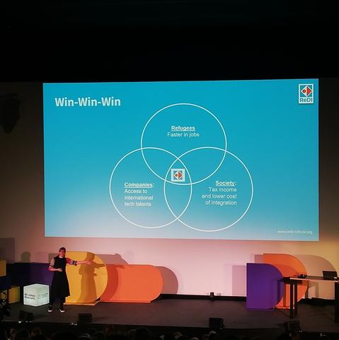 Auf einer Bühne sind gelbe, orangene und lilane Blöcke in D-Form. Davor steht eine Frau in einem schwarzen Kleid. Auf der Leinwand sieht man eine petrolfarbene Präsentation. Auf der Präsentation steht die Überschrift "Win-Win-Win". Darunter ist ein Venn-Diagramm aus drei Kreisen: Refugess (Faster in jobs), Society (Tax income and lower cost of integration), Companies (Access to international tech talents).