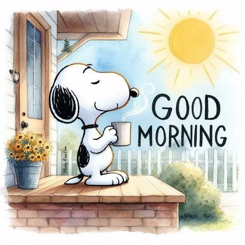 Snoopy steht mit einem Becher Kaffee auf der hölzernen Veranda eines weiß gestrichenen Hauses und genießt die Morgen Sonne.
Er wünscht: Good Morning