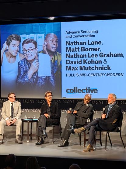 3 main actors from 'Mid-Century Modern' on stage at the 92nd Street Y, with David Johan