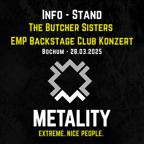 Grafik mit Text: Info-Stand. The Butcher Sisters. EMP Backstage Club Konzert. Bochum 28.03.2025