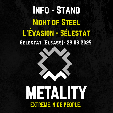 Grafik mit Text: Info-Stand. Night of Steel im L'Évasion in Sélestat (Elsass). 29.03.2025