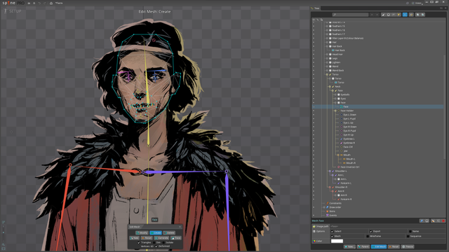 A character from Battle of Tarot setup in the Spine 2d animation app. Bones and some mesh with vertexes are present on the image.