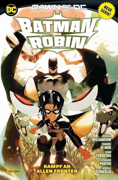 Das Cover des Superheldencomics Kampf an allen Fronten von Joshua Williamson zeigt im Vordergrund eine hockende Person mit Augenmaske und Cape, die beide Hände zu Fäusten geballt hat. Auf ihrer Brust ist ein R zu erkennen. Links und rechts von ihr reißen Echsen ihre Mäuler auf. 
Im Hintergrund steht eine Person mit Halbmaske und aufgedunsener Brust.
