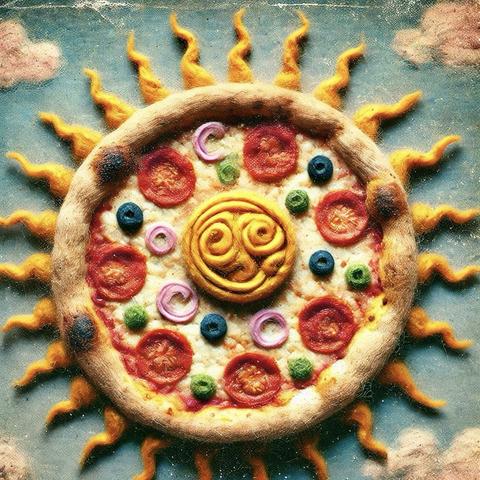 KI-Bild (DALL•E3):

Eine Pizza-Sonne. Die Pizza ist schön belegt mit Tomaten, Zwiebeln und Oliven. Vom runden, knusprig aussehenden Rand gehen gewellte gelbe Strahlen aus. Guten Appetit!