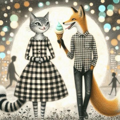 KI-Bild (DALL•E3):

Katz und Fuchs heute im Piratenkaro-Partnerlook: Katz im schwarzweißen Karo-Kleid, Fritzefuchs trägt ein kleinkariertes Hemd zur Jeans. Katz schaut ihm lächelnd zu, wie er ein großes mintgrünes Eis verputzt. Aber das ist ja nur die Vorspeise.