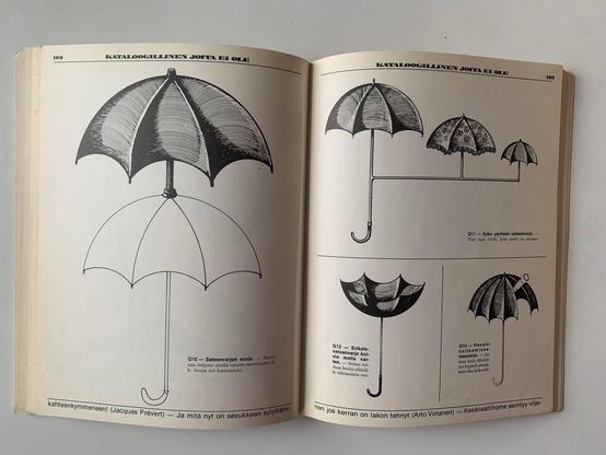 Jacques Carelman: A Catalogue of Unfindable Objects. Different kinds of umbrellas.