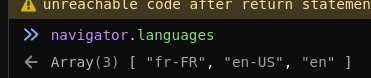 The JavaScript console showing the navigator dot languages variable listing French and US English.