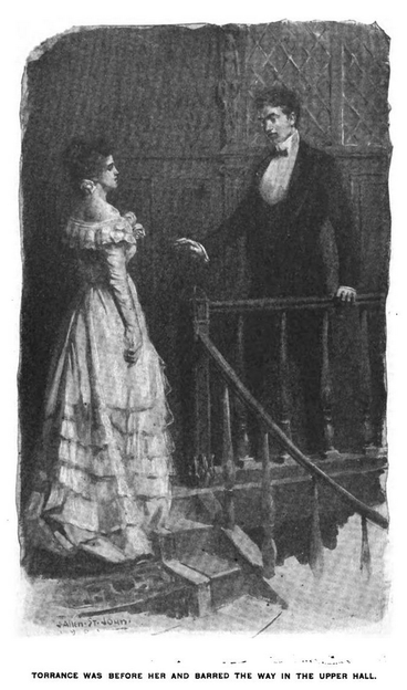 An old black and white illustration from an old magazine, probably attached to some kind of serialised novel. A man in black tie is standing on top of some stairs, on the landing. He is holding onto a bit of wooden railing with one hand and gesturing prohibitively with the other. A woman in a ball gown, pale with lace and frills, is standing at the top of the stairs and looking at him, on the profile of her face a displeased expression. There's the signature of J. Allen St. John as the artist, and the caption below the image reads: "Torrance was before her and barred the way in the upper hall."
Torrance is being a dick and should move aside so the lady can stop precariously standing on top of those stairs!