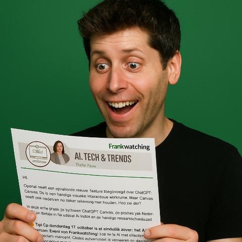 Nep Sam Altman houdt een papier vast met daarop de themanieuwsbrief AI, Tech en Trends geprint. Hij kijkt blij en verwonderd. Deze visual is gegenereerd door ChatGPT.