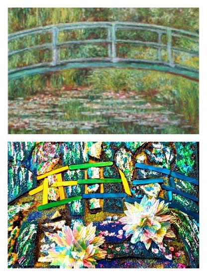 Eine auf schwarzem Hintergrund recht bunte und etwas chaotisch anmutende Mixed Media Darstellung einer Brücke vor Bäumen über einen Seerosenteich. Entfernt erinnernd an die japanische Brücke von Monet.