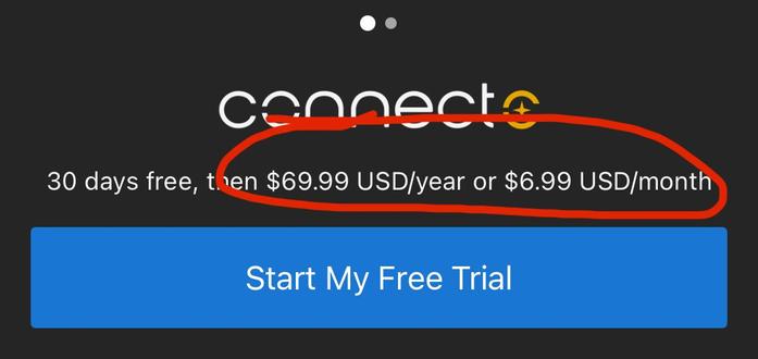 Garmin Connect app screenshot showing the price of Garmin Connect+ which is US$69.99/year or US$6.99/month