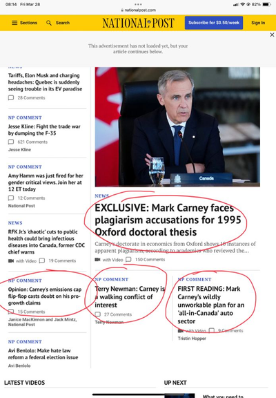 Carney faces plagiarism from 1995 thesis  Misinformation alert
Next up the National Post is also going back & talking to Mark Carney's high school girlfriends to see how faithful he was.  
Sarcasm alert