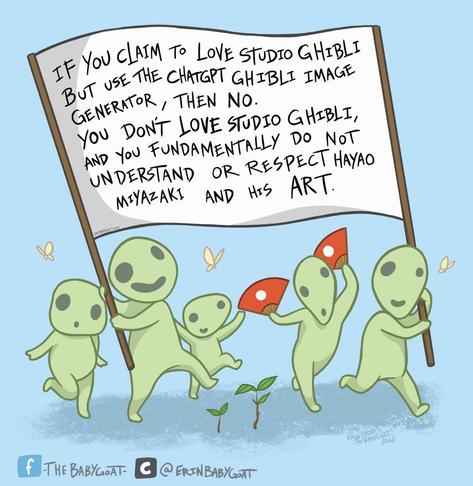 Digital illustration of studio Ghibli Kodama spirits holding a flag: “If you claim to love Studio Ghibli but use the ChatGPT Ghibli image generator, then no. 
You don’t love Studio Ghibli. 
Even further, you fundamentally do not understand or respect Miyazaki and his art.”