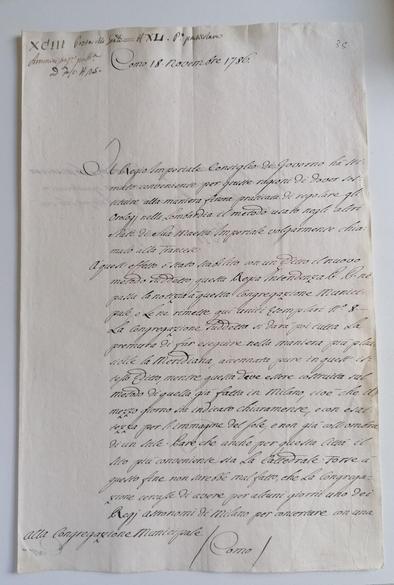 Documento con cui, nel novembre 1786, si comunicava la necessità che gli orologi pubblici di Como fossero regolati "alla Francese" come nel resto della Lombardia e di far costruire una meridiana, sulla cattedrale, avvalendosi della possibilità di valersi di uno dei regi astronomi di Milano.