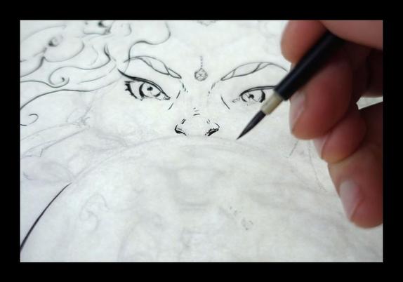 photo of inking WIP, my hand and a brush included