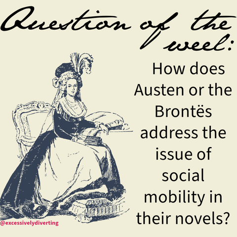 Pale yellow background. At the top, it says, Question of the Week. Below is a Georgian-era woman on the left sitting on a chair near a table. To her right, it says, "How does Austen or the Brontes address the issue of social mobility in their novels?"