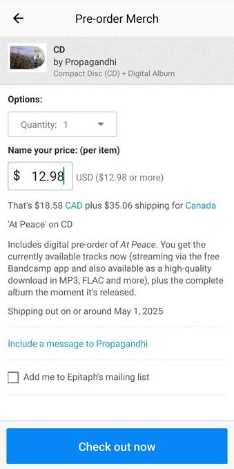 Screenshot of a purchase screen from Bandcamp showing the price and shipping cost.