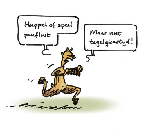Een sater met een panfluit in de hand springt in een groen veld terwijl hij zegt: "Huppel of speel panfluit.." "..maar niet tegelijkertijd!"